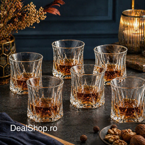 Set 6 pahare sticlă 300 ml, Zoe357, model geometric cu bază groasă, pahare whisky  apă elegante