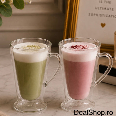 Set 2 cani din sticlă cu pereți dubli 400 ml, termorezistentă pentru cafea latte cappuccino și ceai 310400