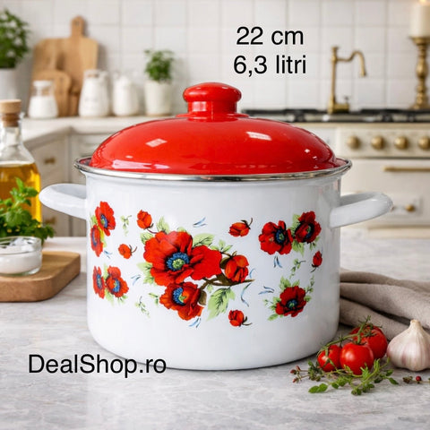 Oala Emailată cu Capac 22 cm, 6.3 litri Model Maci Roșii – Oală Mare pentru Supe și Ciorbe Emailată Interior-Exterior