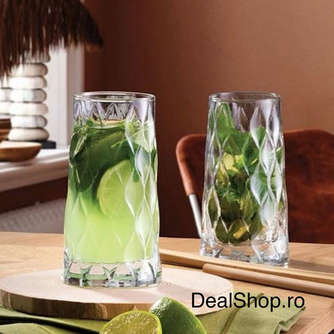 Set 4 pahare înalte Leafy, 345 ml – sticla groasa transparenta design elegant cu model în relief