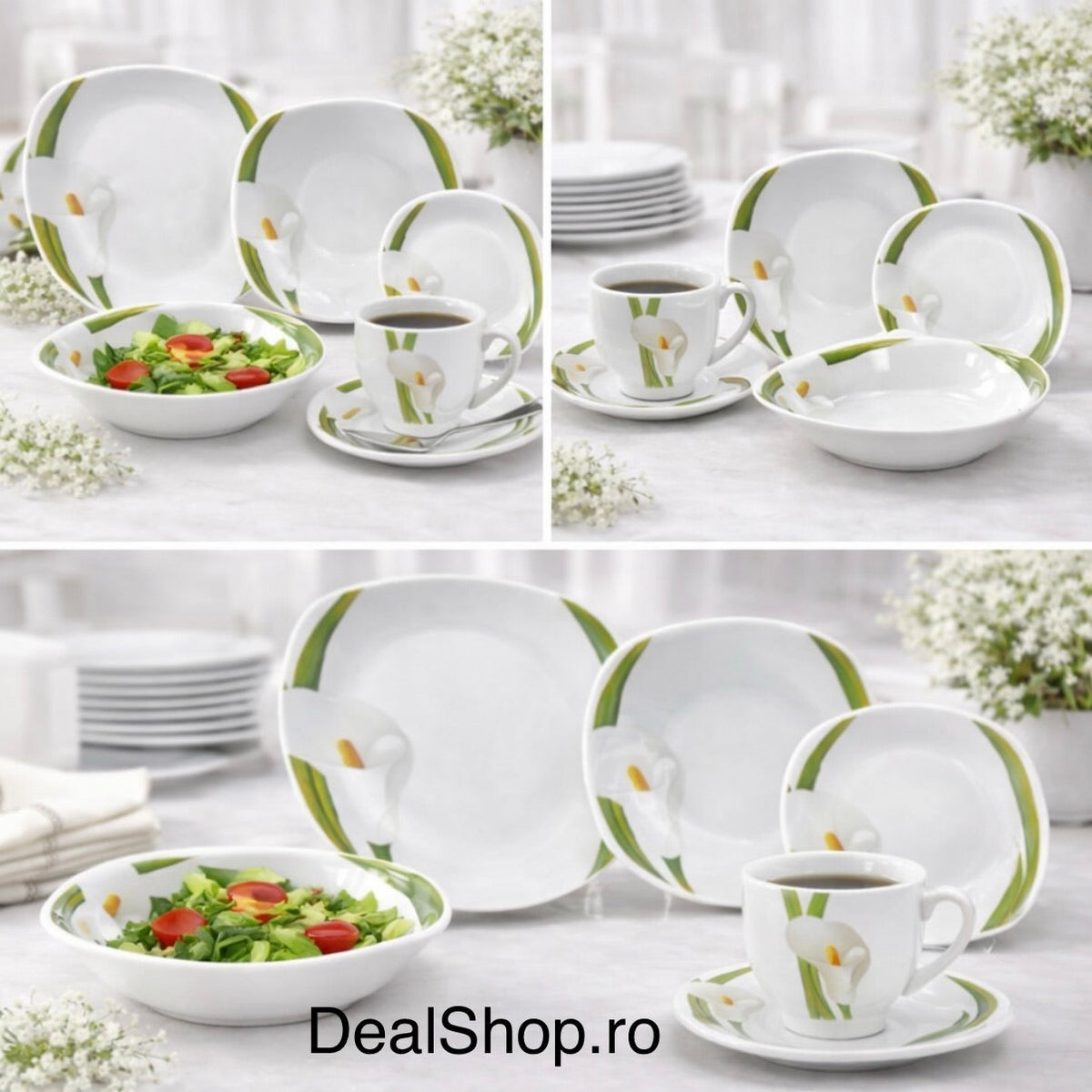 Serviciu de masă din porțelan 31 piese pentru 6 persoane, set farfurii și cești cafea 180 ml model Cală 173-7