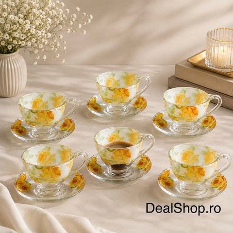 Set 6 cești cu 6 farfurioare din sticlă Galaxy Floral, 200 ml – set elegant pentru cafea și ceai