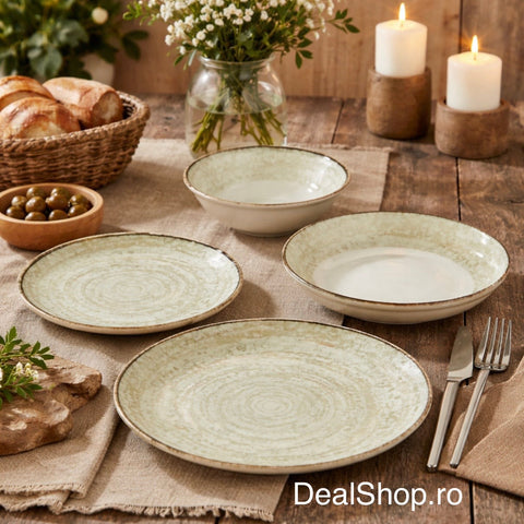 Serviciu de masa 24 piese porțelan „Nordic” – set farfurii și boluri pentru 6 persoane Design Modern Texturat 095