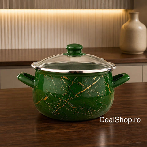 Cratiță emailată Green, 4,8 L, 22 cm, cu capac din sticlă, inducție