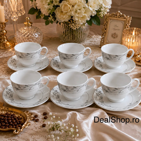 Set 6 cești cu 6 farfurioare din porțelan 200 ml, model floral gri Silver Grace