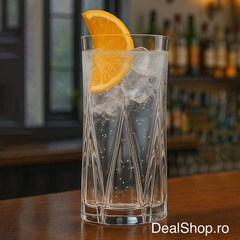 Set 6 pahare înalte sticlă 370 ml Zoe377 pahare apă suc, design elegant cu model geometric sticlă rezistentă