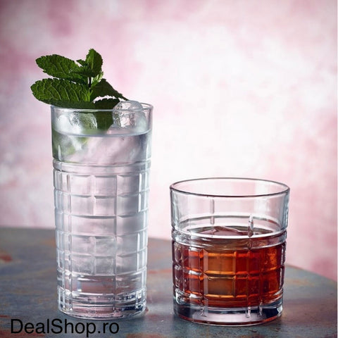 Set 6 pahare whisky sticlă 325 ml Brit 430, design cu relief geometric , pahare băuturi elegante, rezistente