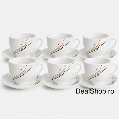 Set 6 Cești din Porțelan 180 ml cu Farfurioare – Abstract Elegance Design Modern Elegant pentru Cafea și Cappuccino