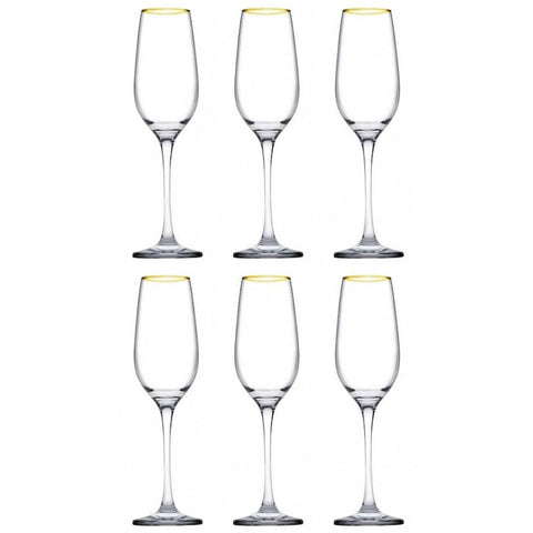Set 6 pahare șampanie 200 ml Amber Gold, sticlă cu margine aurie, pahare elegante pentru prosecco și cocktailuri