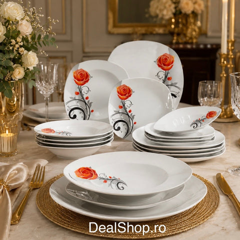 Serviciu de masă din porțelan 18 piese, Model Trandafir Orange, set farfurii pentru 6 persoane 3141