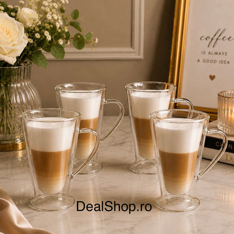 Set 4 cani din sticla cu pereți dubli 400 ml, termorezistentă pentru cafea latte cappuccino și ceai 310400