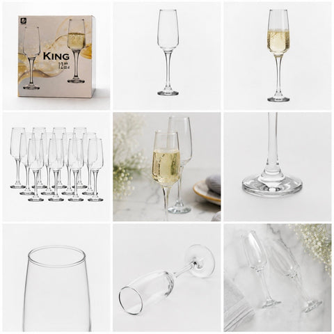 Set 12 pahare pentru șampanie King 220 ml, din sticlă transparentă, elegante, pentru evenimente și servire băuturi spumante