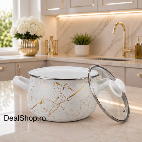 Cratiță emailată Ivory, 3,8 L, 20 cm, cu capac din sticlă