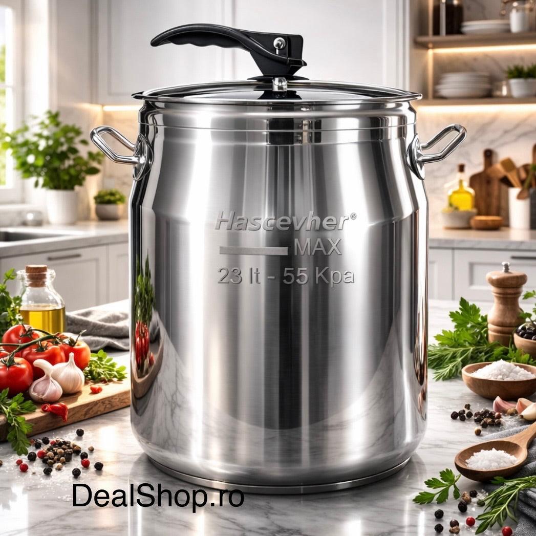 Oala sub presiune Hascevher Gastro 23 Litri, Inox 18/10, 55 Kpa Inducție & Aragaz Capac Sistem Siguranță