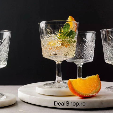 Set 4 pahare cocktail Pasabahce Timeless 270 ml, sticlă transparentă, model elegant vintage