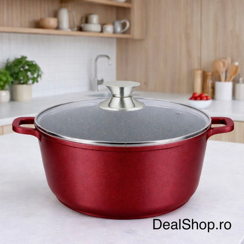 Cratiță 19.6 litri 40 cm cu capac sticlă înveliș marmură  Inducție, Roșie – SWAN Casserole
