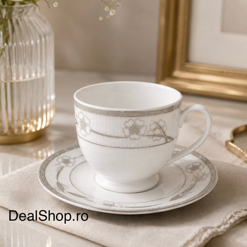 Set 6 cești cu 6 farfurioare din porțelan 200 ml, model floral gri Silver Sakura