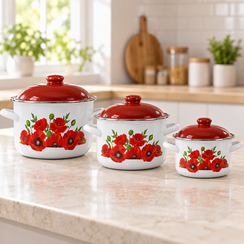 Set 3 Oale Emailate Arian cu Capace – 3.8 litri 4.8 litri 6.2 litri – Model Maci