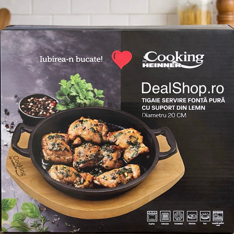 Tigaie de servire din fontă pură cu suport de lemn 20 cm – COOKING BY HEINNER