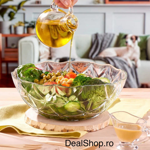 Bol din sticlă Estrella 24 cm 2.54 litri – design elegant în relief, ideal pentru salate fructe și servire rafinată