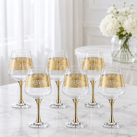 Set 6 pahare din sticlă cu picior Royalty Home 390 ml, design elegant cu detalii aurii
