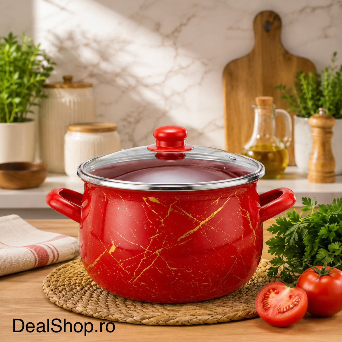 Cratiță 6.2 litri emailată Red Marble cu capac din sticlă, 24 cm inducție