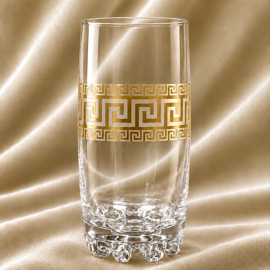 Set 6 pahare din sticla Royalty Home 385 ml model elegant cu decor auriu