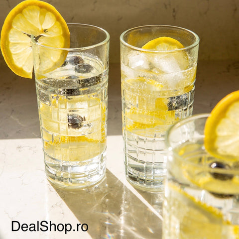 Set 6 pahare sticlă long drink 356 ml design relief geometric, pahare înalte cocktail, suc, apă Brit 440