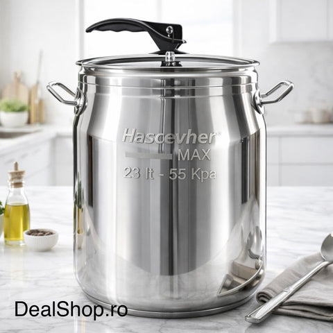 Oala sub presiune Hascevher Gastro 23 Litri, Inox 18/10, 55 Kpa Inducție & Aragaz Capac Sistem Siguranță