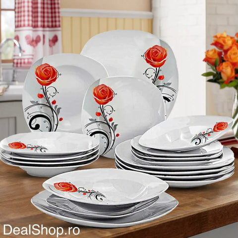 Serviciu de masă din porțelan 18 piese, Model Trandafir Orange, set farfurii pentru 6 persoane 3141