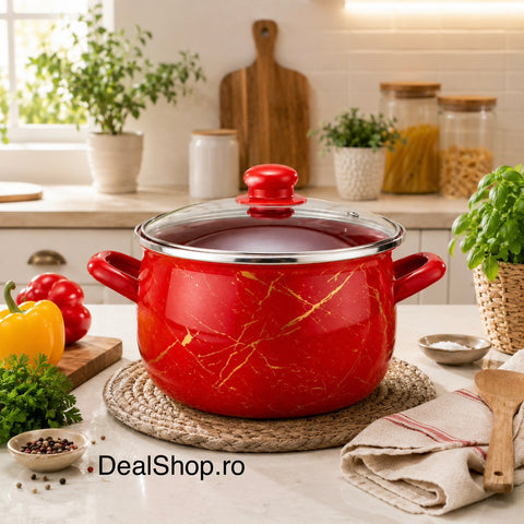Cratiță 6.2 litri emailată Red Marble cu capac din sticlă, 24 cm inducție