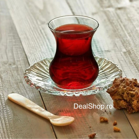 Set 6 pahare ceai turcesc Aurora 155 ml + 6 farfurii model cristal,  Pasabahce 95961