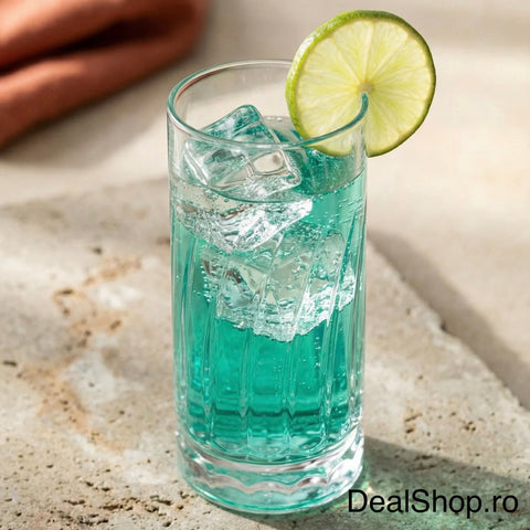 Set 6 Pahare Sticlă 390 ml LAV Wave430 Long Drink, Design cu Relief Ondulat, Pahare Elegante pentru Apă, Suc și Cocktail