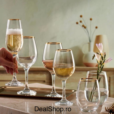 Set 6 Pahare Vin Amber Gold 365 ml – Sticla premium margine auriu eleganta