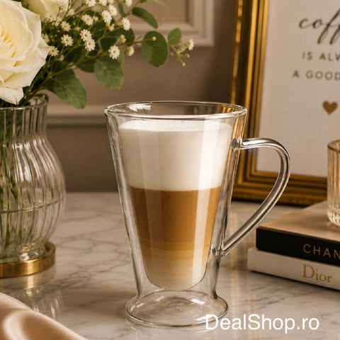 Set 4 cani din sticla cu pereți dubli 400 ml, termorezistentă pentru cafea latte cappuccino și ceai 310400