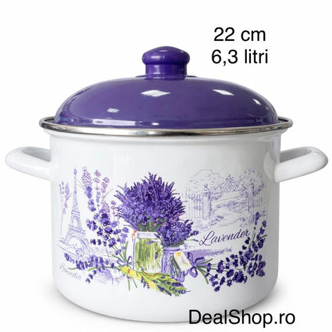 Oala 6.3 Litri emailata 22 cm cu capac – Model Lavanda Mov – Oală pt Supa Ciorbă