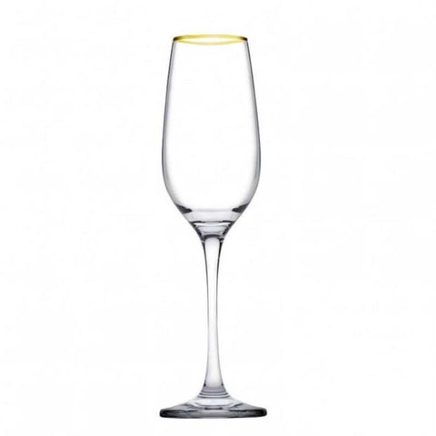 Set 6 pahare șampanie 200 ml Amber Gold, sticlă cu margine aurie, pahare elegante pentru prosecco și cocktailuri