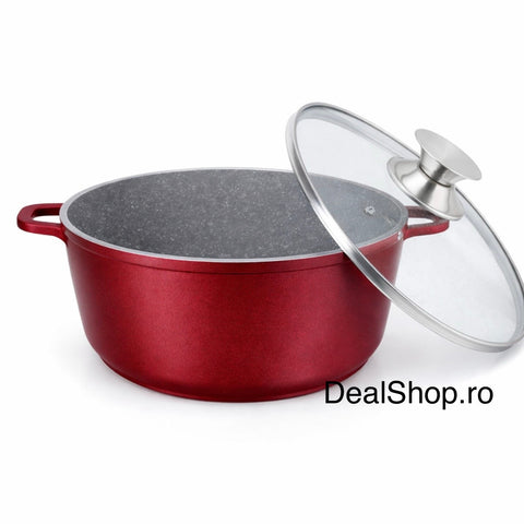 Cratiță 9.5 litri aluminiu turnat 32 cm cu capac sticlăinterior marmură Inducție, Roșie – SWAN