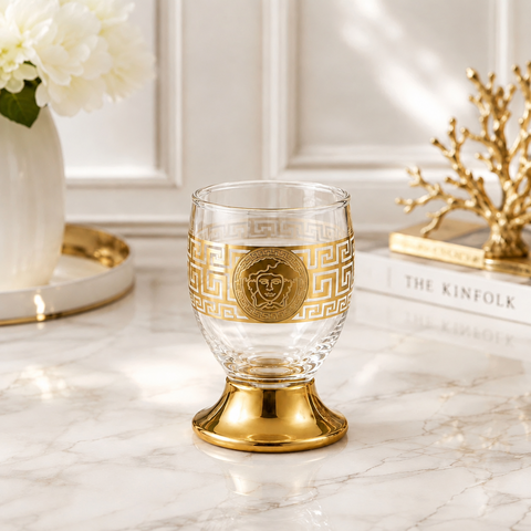 Set 6 pahare din sticlă 195 ml Royalty Home cu decor auriu – pahare elegante pentru apă, whisky, suc sau băuturi fine