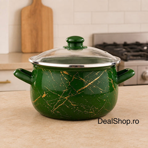 Cratiță emailată Green, 4,8 L, 22 cm, cu capac din sticlă, inducție