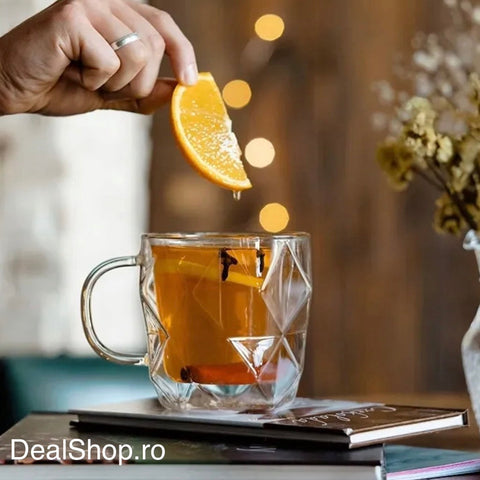 Set 2 căni din sticlă cu pereți dubli termorezistente 330 ml, model hexagonal elegant căni pentru cafea ceai și cappuccino HR410330
