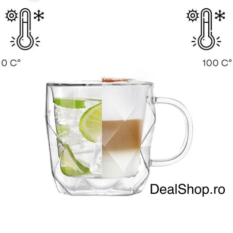 Set 2 căni din sticlă cu pereți dubli termorezistente 330 ml, model hexagonal elegant căni pentru cafea ceai și cappuccino HR410330