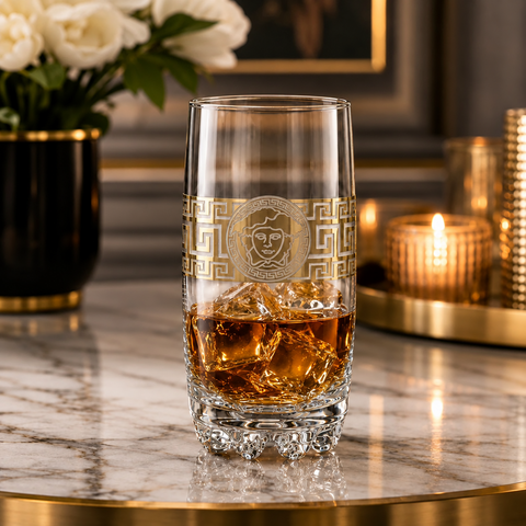 Set 6 pahare din sticla Royalty Home 385 ml model elegant cu decor auriu