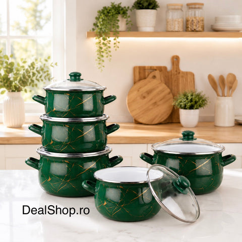 Set 5 cratițe emailate Green Marble cu capace din sticlă 10 piese, compatibile cu inducție 2.1L, 2.8L, 3.8L, 4.8L și 6.2L