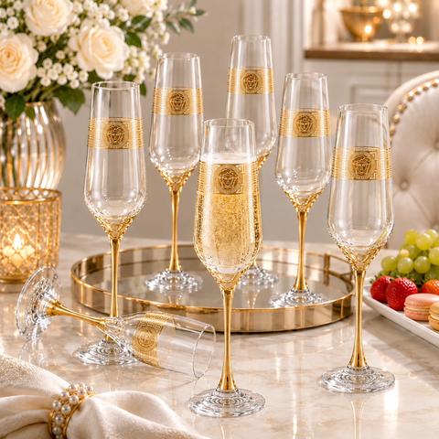 Set 6 pahare sampanie și Prosecco 240 ml Royalty Home cu decor auriu – set elegant din sticls