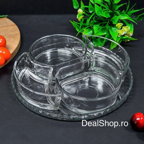 Platou Aperitiv din Sticlă Kaveh Lavin 24 cm Set 5 Piese cu 4 Compartimente pentru Snackuri Sosuri și Aperitive