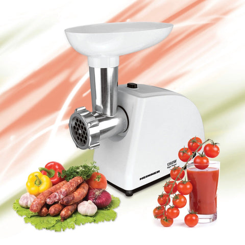 Masina de tocat Heinner MG-W1200R, 1360W, 1.5 kg/min, accesoriu rosii, accesoriu carnati, cutit inox, 3 site taiere