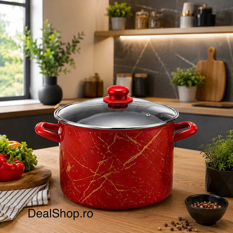 Oală emailată 6,2 litri cu capac din sticlă model Red Marble 22 cm, roșie pt toate tipurile de plite