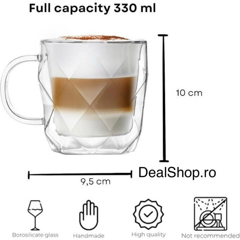 Set 2 căni din sticlă cu pereți dubli termorezistente 330 ml, model hexagonal elegant căni pentru cafea ceai și cappuccino HR410330
