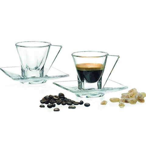 Set 6 Cești pentru Cafea din Sticlă 180 ml  Hailey cu Farfurioare Design Modern Elegant Transparent